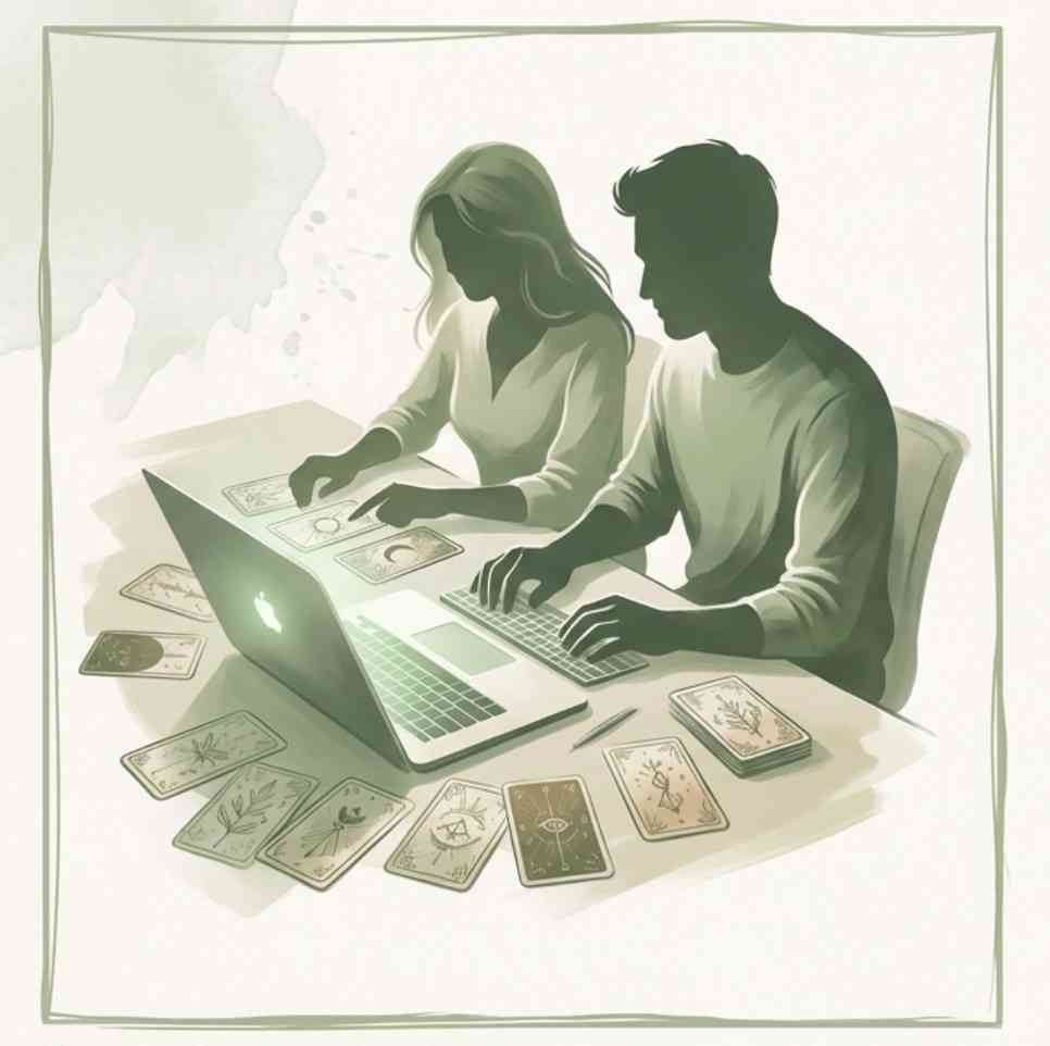 Image D'Illustration : Illustration Couple Au Travail Arianne G Et Bastien | Pour Le Site Du Cabinet Arianne G Voyance